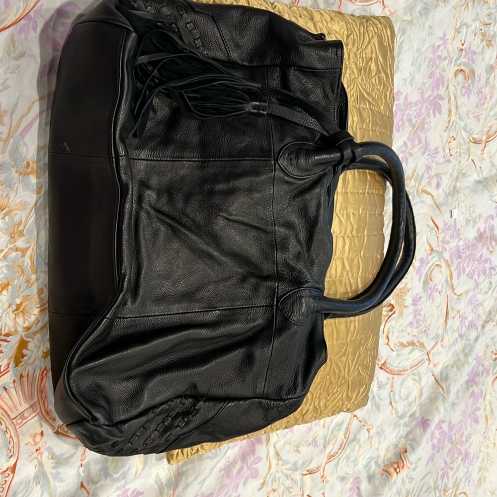 Day & Mood Mya suede & leather tote,  2 small zip pkts, center compartment zips